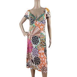 Bluemarine Women Multicolor Ruffle Turquoise Jewel V-Neck Short Sleeve Dress L